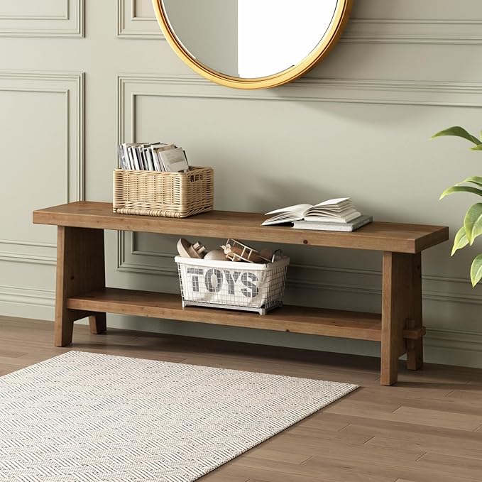 HOKYHOKY Solid Wood Entryway Bench - 54.3" Farmhouse Long Storage Bench, Rustic Narrow Bench Seat for Indoor, Entryway, Dining Room, Living Room and Hallway, Brown
