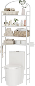 4-Tier Over The Toilet Storage, Bathroom Organizer, Space-Saving, 72" H Above Toilet Storage Rack with 4 Hooks and Paper Holder, Metal Shelf, White