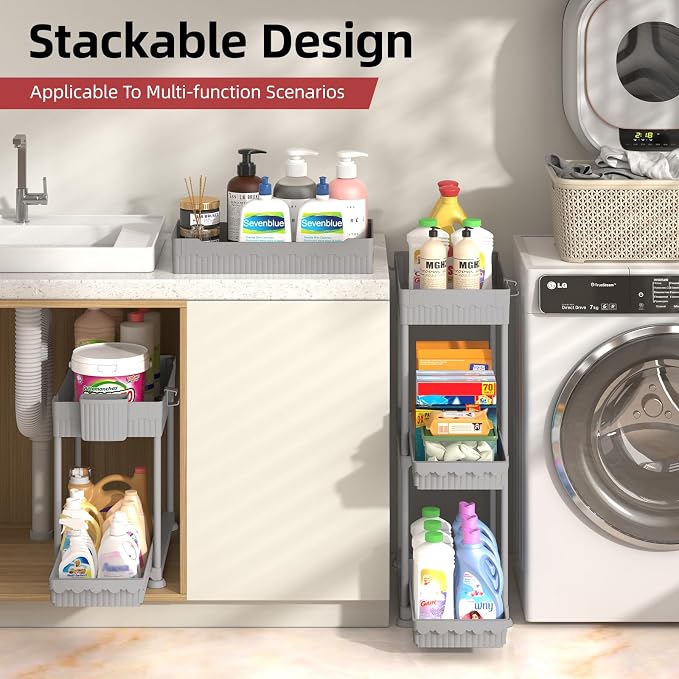 Sevenblue Under Sink Organizer, Bathroom Organizers and Storage, 2 Tier Multi-Use Pull Out Cabinet Organizer with Hang Hooks and Cups (Gray, 4 Pack)
