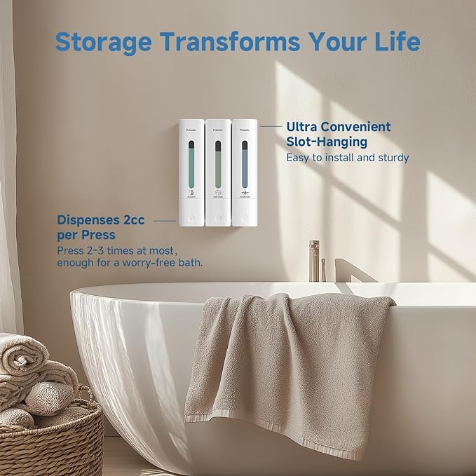 Shampoo and Conditioner Dispenser - Shower Soap Dispenser Wall Mounted No Drill - Shampoo Conditioner Body Wash Dispenser 3 Chamber - Easy Install for Bathroom Hotel White 1200ml