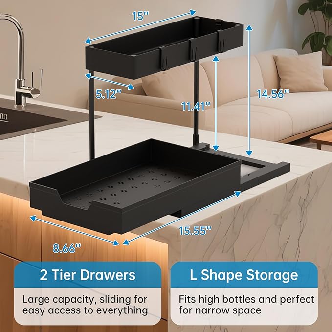 NATURE'S SOURCE 2 Pack Under Sink Organizer 2 Tier Sliding Cabinet Organizers Multi-Purpose Sink Storage Basket L-Shape Narrow Space Storage Shelves with 4 Hook for Kitchen Bathroom Drawer, Black