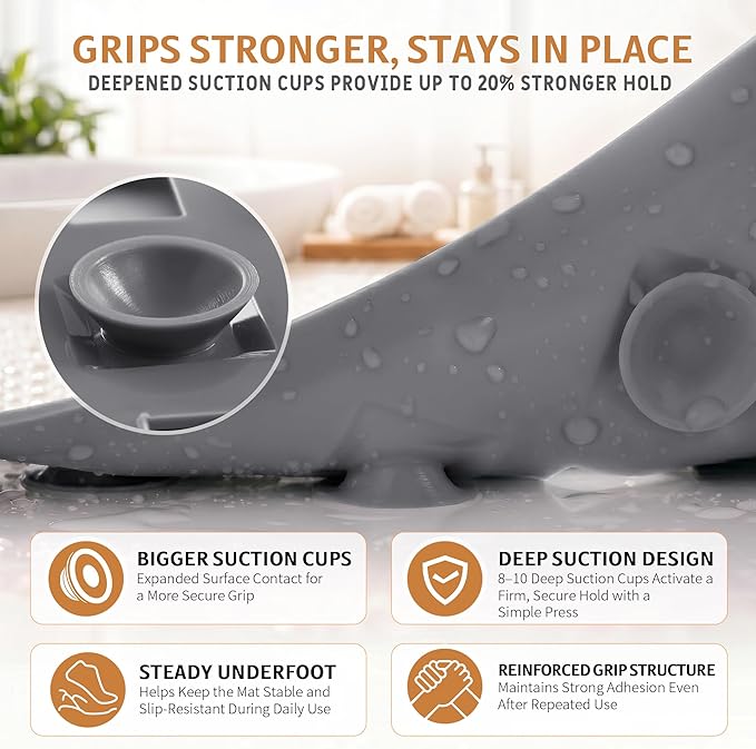 Yimobra Bathtub Mat Non Slip, Super Strong Suction Cups, 28"X16" Long Shower Mat with Drain Holes, Machine Washable Fast Draining Bath Mats, Bathroom Essentials,Gray