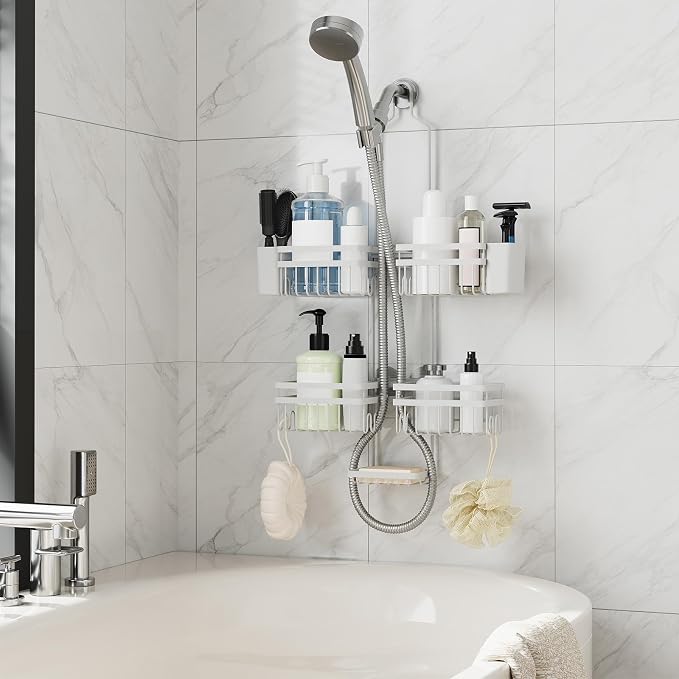 Shower Caddy Hanging for Bathroom Organizers and Storage - 3-Tier Adjustable Anti-Swing Shower Organizer Hanging with Heavy-Duty Suction Cups, Damage-Free Rustproof (White)