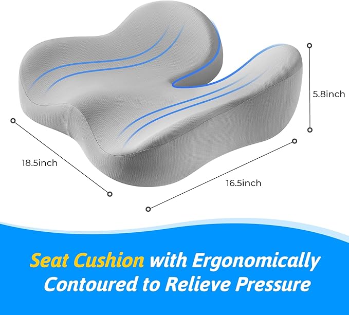 Seat Cushion for Tailbone & Sciatica Pain Relief - Plush Yet Supportive Ergonomic Memory Foam Chair Cushions for Office Chair, Car, Wheelchair,Airplane & Long Sitting(Light Gray)