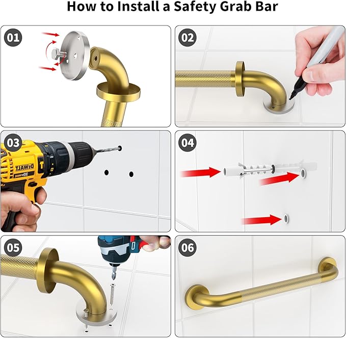 Shower Grab Bar 20 Inch, iHansee Brushed Gold Bathroom Grab Bar w/Anti-Slip Knurled Grip, Stainless Steel Bath Safety Bars Support Handrail for Senior Elderly, Toilet Bathtub Balance Handle for Wall