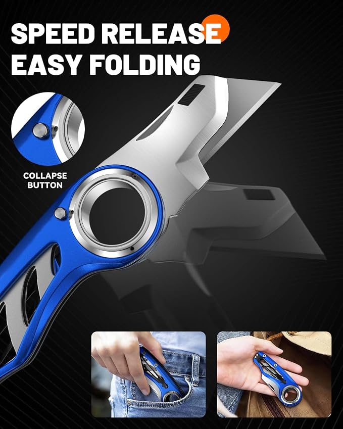 Folding Utility Knife Pocket Knife, Heavy-Duty Box Cutter with Anti Slip Finger Loop, Quick Change Blade Razor Knife, Box Cutters for Home, Office, Warehouse, Durable Razor Knife, Box Knife (Blue)