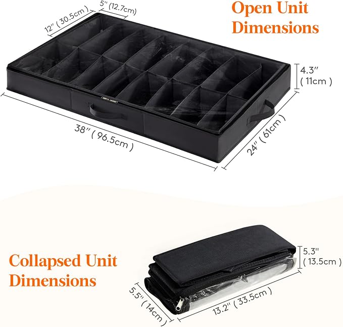 Lifewit Under Bed Shoe Storage Organizer 4 Pack(16 Shoes Cells), 4.3 Inches Profile Fabric Shoes Container Box with Clear Cover, Foldable Storage Bag with 2 Handles, Fits 32 to 64 Pairs
