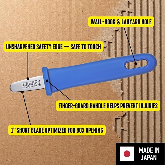 CANARY Safety Box Opener Tool with No Sharp Edge 5" [No Blade] - Mini Package Opener for Careful Package Opening Around Contents - Made in Japan, Blue