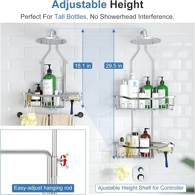 Shower Caddy Hanging for Bathroom: Adjustable Height No Blocking to Shower Head - Rustproof Shower Caddy Over Showerhead - Shower Organizer with Hooks Soap Holder, Silver