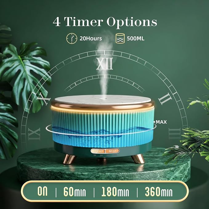 500ML Large Capacity Essential Oil Diffuser, Ultrasonic Aromatherapy Diffuser with 7 Color LED Lights with Remote Control, Cool Mist Humidifier, Timed Mist, Auto Shut-Off (Blue Green)