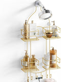 SRIWATANA Shower Caddy Hanging, Bathroom Organizer, No Drilling Shelves Over Shower Head, Bath Rack Holder with Hooks for Razors and Sponge - Gold