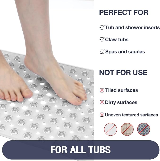 Extra Long Bathtub Mat Non Slip, Clear Gray Soft Bath Mat for Tub 40 x 16 Inch Full Size, Bath Tub Shower Mats for Bathroom Floor, Big Suction Cups and Drain Holes, Easy Washable, BPA Free