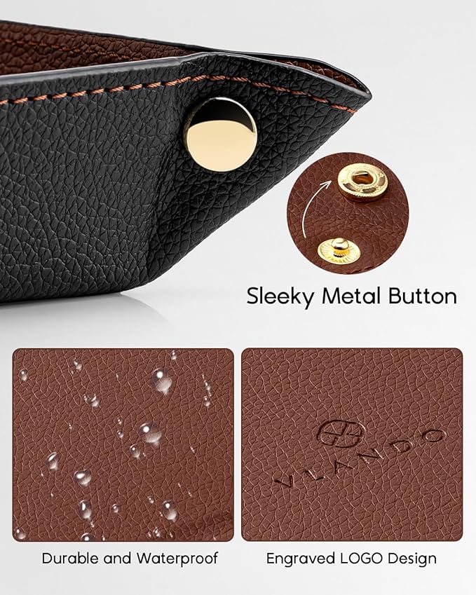 VLANDO Valet Tray for Men Women, Nightstand Organizer Vanity Catchall Holder for Dresser Desk Storage Bedside, Travel PU Leather Jewelry Key Bowl Coin Watches and Candy Entryway Tray - Large, Brown