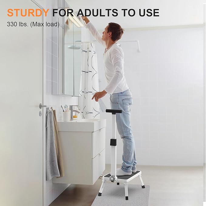 Step Stools for Adults, Foldable Step Stool with Handle for Elderly Seniors Stepping Stool with Non-Slip Step Platform Metal Stool in Kitchen, Bedroom,Bathroom,330 Lbs Capacity(Patent Protection)