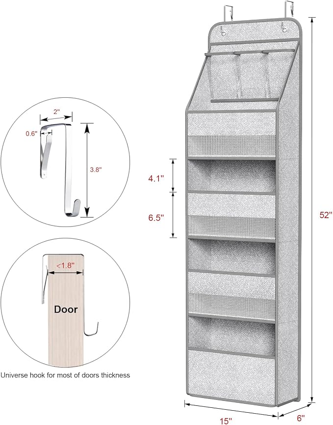 Univivi 5-Shelf Door Storage Over Door Hanging Organizer with 4 Large Pockets and 3 Small PVC Pockets Nursery Closet Cabinet Wall Mount Hanging Storage Organizers for Baby Nursery (Grey Pattern)