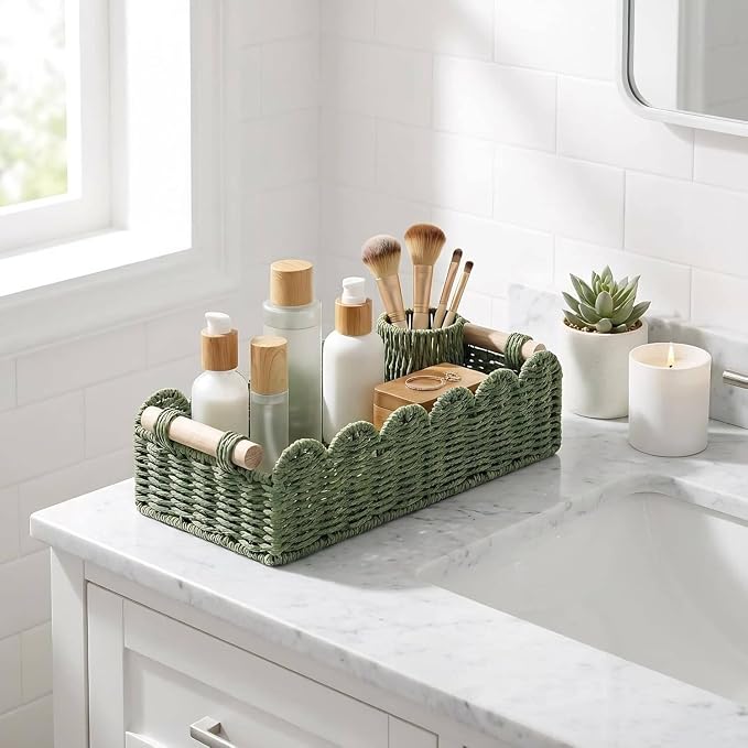 CubesLand Toilet Paper Storage Basket Scalloped Edge Home Decor Green Basket, Living Room Cozy Decor, Paper Rope Small Baskets for Over Toilet Storage Shelf, End Table, Shelves, with 2 Wooden Handles