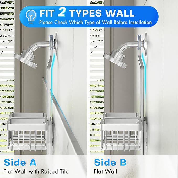 Sewulidon Aluminum Alloy Hanging Shower Caddy for Handheld Shower Heads,Rustproof Hose Shower Organizer 4 Levels Height Adjustable Shower Rack with Hooks,Razor Holder,Soap Holder