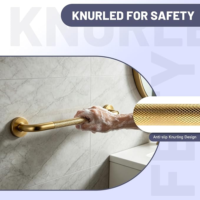 36 Inch Shower Grab Bar, Brushed Gold Anti Slip Safety Bars, 304 Stainless Steel Bathroom Handrail, Handicap Grab Bars for Wall, Shower Grip Handle for Seniors Elderly Injury Assist Bath (1.25" Dia)