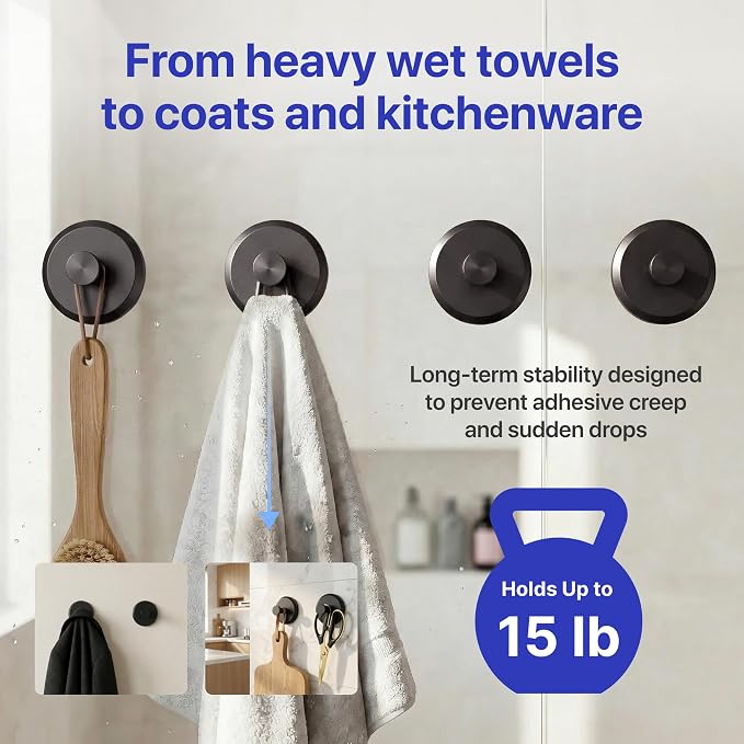 HOME SO Suction Cup Hooks for Shower & Bathroom Towel Holder 4-Pack – Suction Cups Hooks for Hanging Towels, Robes, & Coats - Tiles, Glass Door or Mirror – Shower Hooks & Towel Hooks Organizer - Black