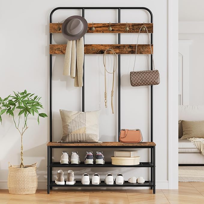 HOOBRO Hall Tree with Bench, Entryway Bench with Coat Rack, Mud Room Rack with 12 Double Hooks and Shoe Storage, Coat Tree, Shoe Rack Organizer, for Foyer, Front Door, Rustic Brown BF05MT01