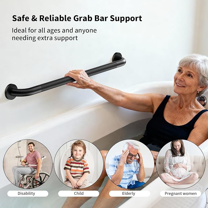 Black Grab Bar 32 Inch, iHansee Anti-Slip Bathroom Grab Bar w/Knurled Grip, Stainless Steel Safety Handrail for Toilet Bathtub Shower, Wall Mounted Matte Black Handicap Bars Handle for Senior Elderly