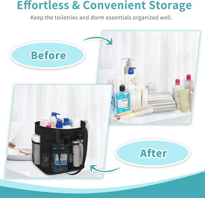 Shower Caddy Portable, Mesh Shower Caddy Hanging with Waterproof Phone Pouch Black, Large Capacity Shower Bag for College Dorm Room Essentials, Quick Dry Shower Basket for Gym, Camping, Swimming