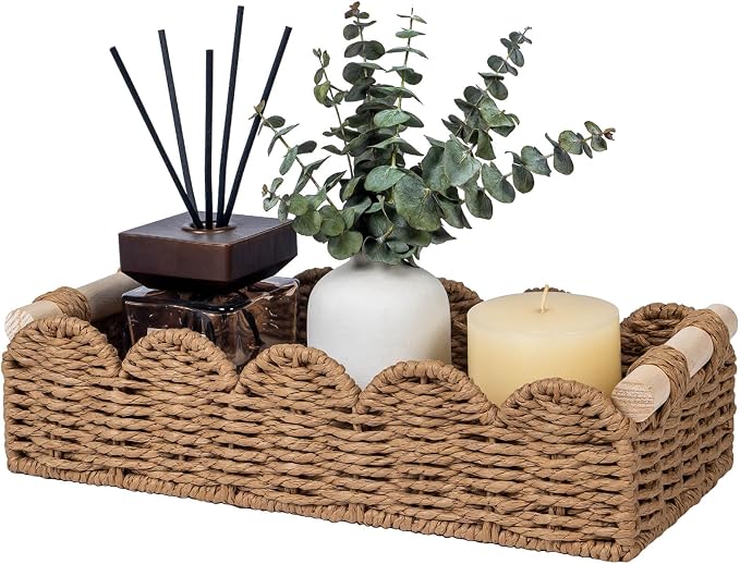 CubesLand Toilet Paper Storage Basket Organizer, Small Wicker Toilet Tank Top Decorative Baskets for Countertop, Handwoven Scalloped Basket w/handle for Home Decor, Living Room, Bedroom, Neutral