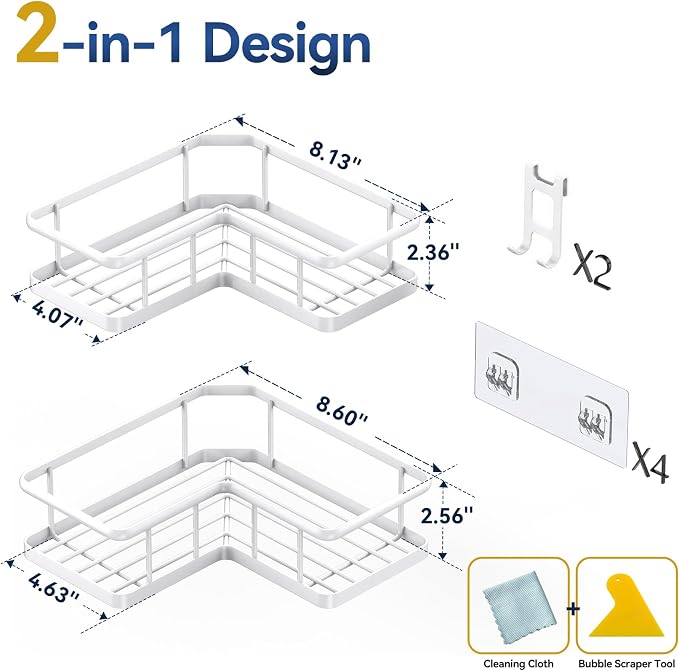 YASONIC Corner Shower Caddy Adhesive, 100% Rustproof Shower Organizer, No Drill Shower Shelf for Inside Shower, Wall-Mounted Shower Storage for Homes (2 Pack, White)