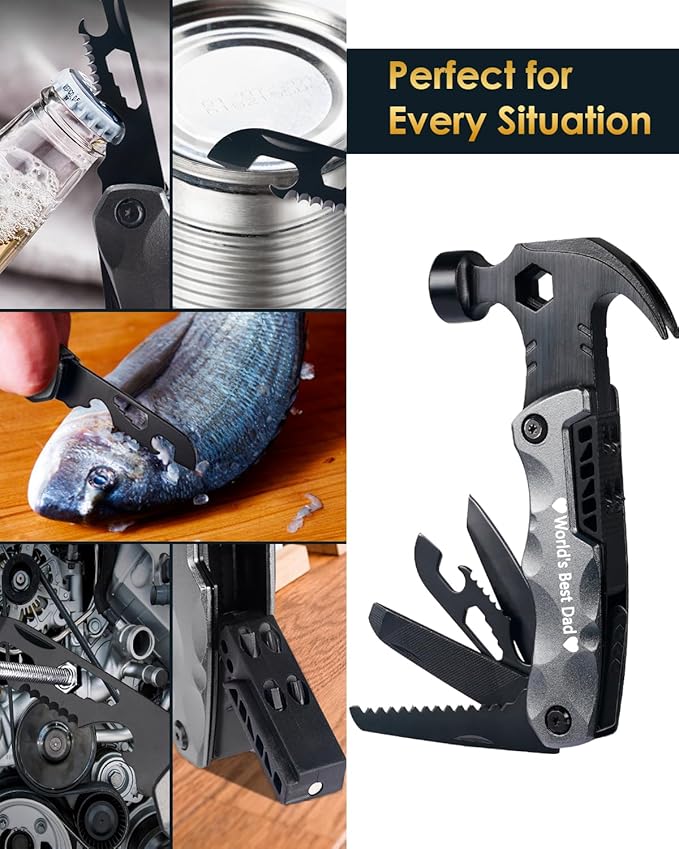 Fathers Day Dad Gifts from Daughter Son Wife, 13-in-1 Hammer Multitool, Cool Camping Accessories & Survival Tools, Unique Birthday Present Ideas Gifts for Men, Husband, Grandpa, Step Dad, Him