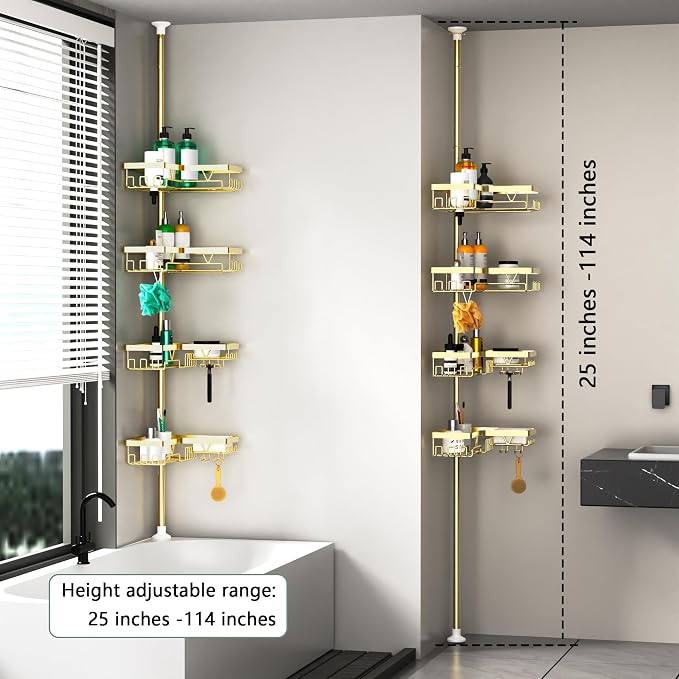 DAOYA Shower Caddy Tension Pole - Gold Corner Shower Caddy Stainless Steel Bathroom Shower Organizer for Tub Tension Rod Corner Shower Shelves(25-114inch)