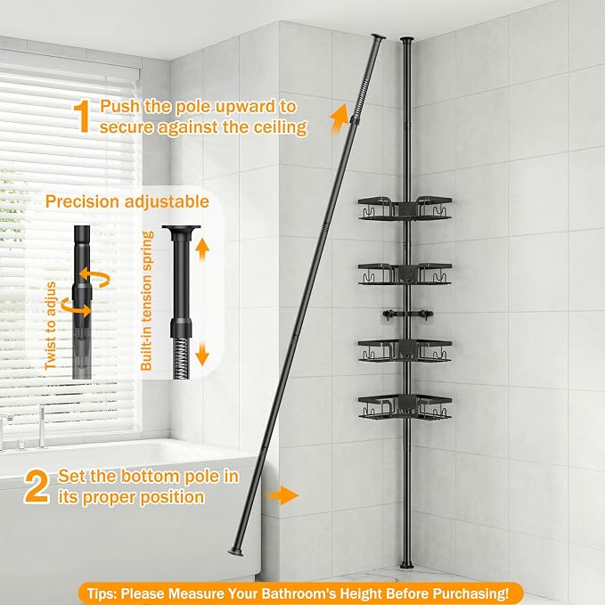 Corner Shower Caddy with Tension Pole, 4-Tier Rustproof Bathroom Organizer Shelves, No-Drill Adjustable Shower Storage Rack 42–115 Inches, Space-Saving Floor Standing Shower Organizer