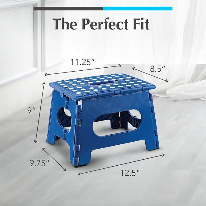 Handy Laundry Folding Lightweight Step Stool - Sturdy Enough to Support Adults - Opens Easy with One Flip - Great for Kitchen, Bathroom or Bedroom (Blue - 9 Inch)
