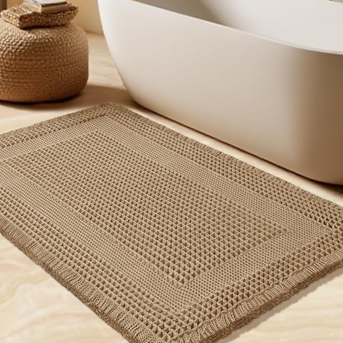 Upgrade Waffle Bath Mat, Boho Bathroom Rugs Absorbent Non Slip, Ultra Soft Bathroom Mat, Machine Washable Knit Bath Rugs with Tassels for Bathroom, Bedroom, Kitchen, Shower, Tub, Beige, 32"x20"