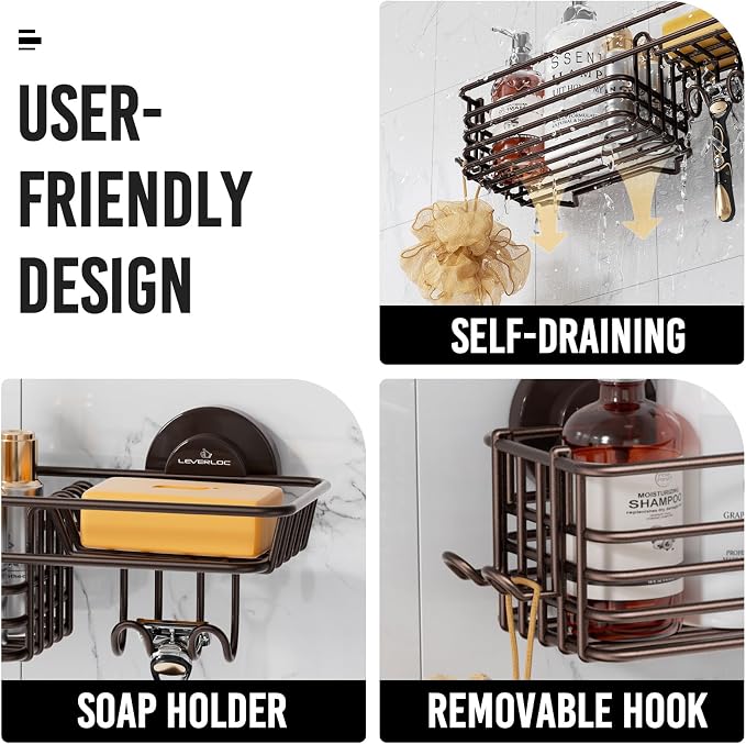 LEVERLOC 2 Pack Shower Caddy Suction Cup, Shower Shelves for Inside with Hooks and Soap Holder, NO Drill Bathroom Shampoo Holder, Rustproof Meatl Bathroom Organizer Brown