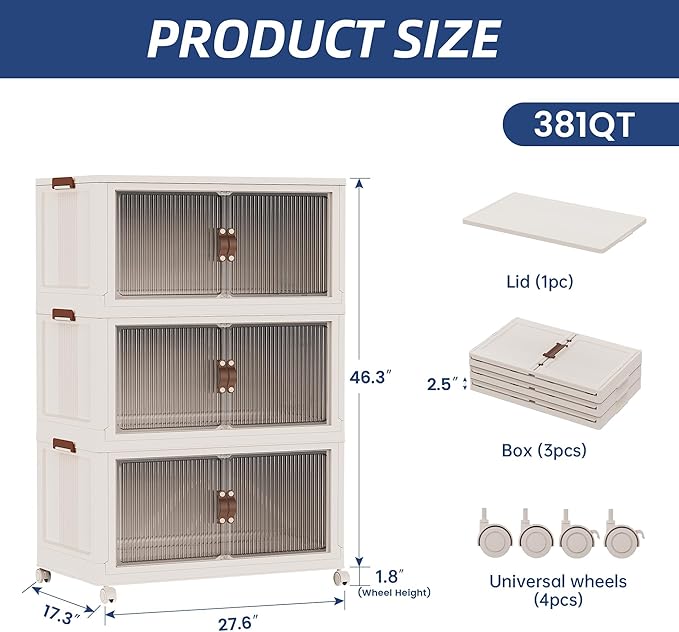 SAILUN 381Qt Extra Large Stackable Storage Bins Folding Collapsible Storage Bins with a Lid, Closet Organizers and Storage Blush White 28" W x 17" D x 46" H