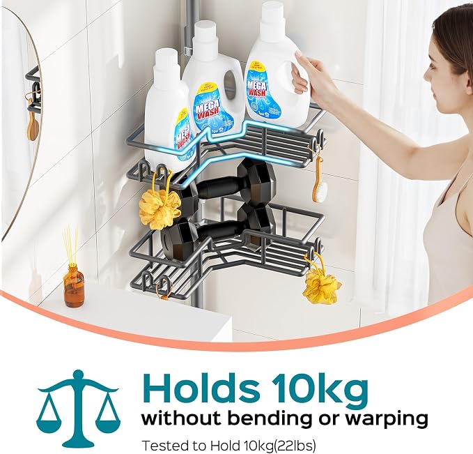 HAMITOR Adjustable 4-Tier Bathroom Storage: Corner Rustproof Shower Caddy Tension Pole - Floor-to-Ceiling Space-Saving Organizer - No Drill Tension Mounted Home Accessory Rack for Renters 47-123 Inch