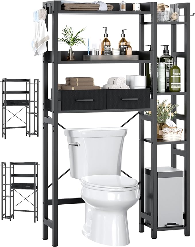 Besiost Over The Toilet Storage, 7 Tier Bathroom Organizer with Reversible Side Shelf and 2 Fabric Drawers, Adjustable Freestanding Rack Space Saver for Small Spaces, Black