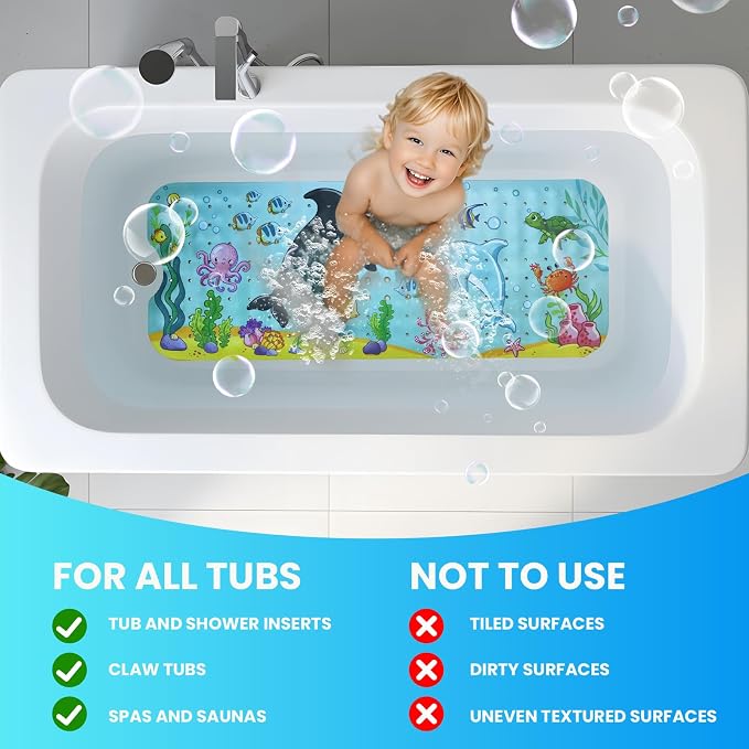 Baby Bath Tub Mat, 40 x 16 Inch Extra Large Non Slip Kids Cartoon Bathtub Shower Mats with Suction Cups & Drain Holes, Machine Washable for Bathroom, Undersea Whale & Dolphin