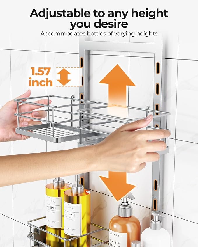 ODesign 2 Tier Height-Adjustable Shower Caddy Hanging Anti-Swing-Over The Shower Head Caddy-Storage Organizer Bathroom Shelves Basket-Silver