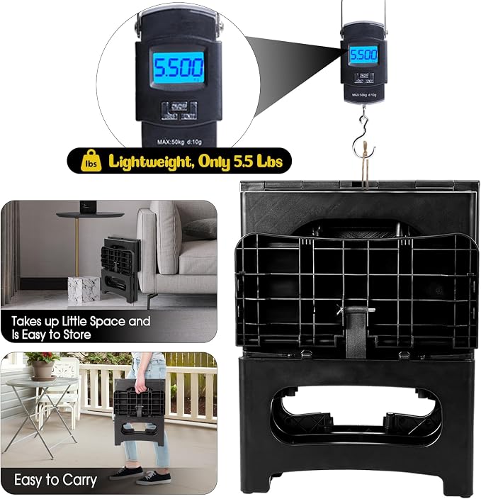 2-Step Stool Foldable, Plastic Steps Stool Folding Step Ladder Two Step Stools Collapsible Step Stools for Adults for Kitchen Home Bathroom RV-Black