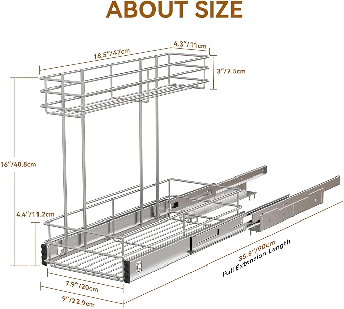 Under Sink Organizer 2 Packs, Pull Out Cabinet Organizer 2 Tier, Under Sink Slide Out Organizer Chrome Plated, Under Kitchen Bathroom Sink Organizer, Pantry Cabinet Closet Organization Rack, 9"W X19"D
