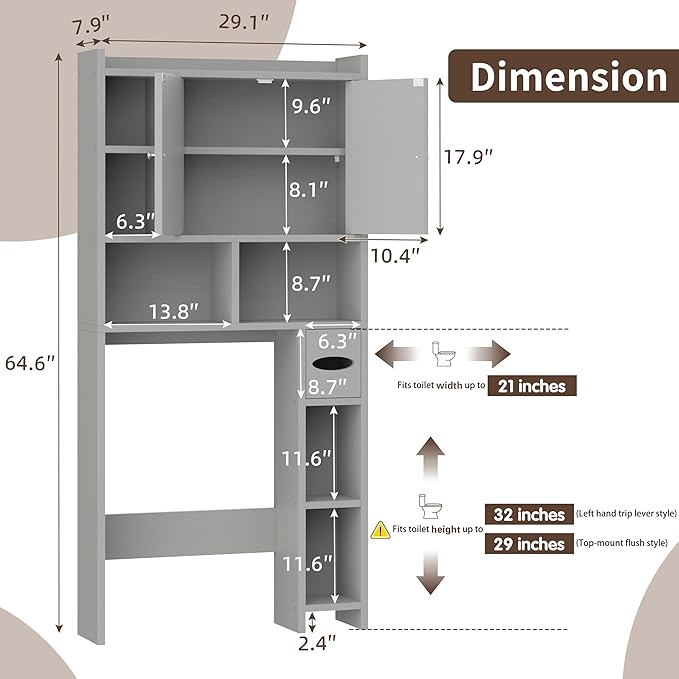 Shintenchi Over the Toilet Storage Cabinet, Bathroom Storage Cabient with Barn Doors, Bathroom Storage Shelf Organizer with Toilet Paper Holder, Adjustable Shelf and Anti-Tip Device, Gray
