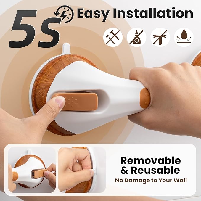 TAILI Shower Grab Bar, 12 Inch Shower Handle for Bathtubs and Elderly, Suction Grab Bars for Seniors Bathroom Safety Handles for Elderly, No Drilling Removable,Wood Grain,G9