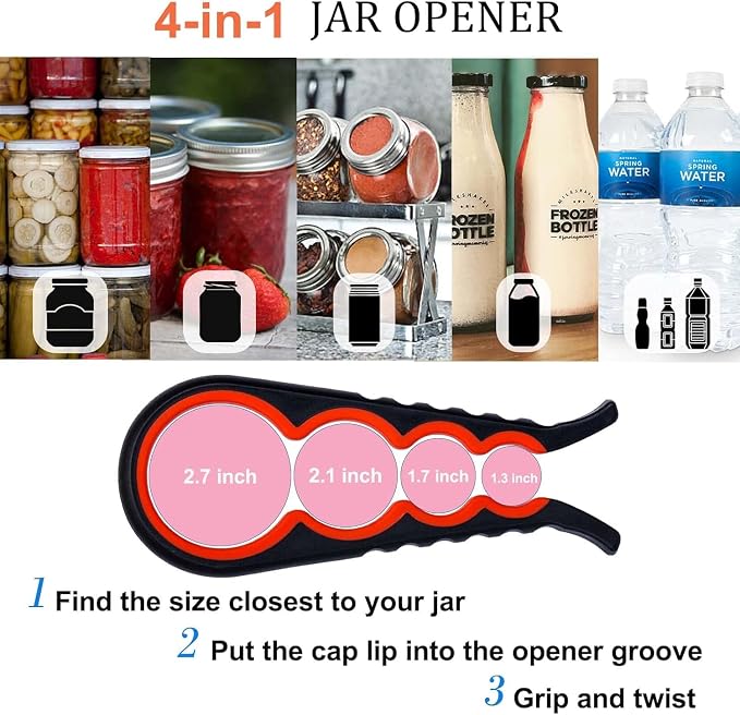 Bloss Anti-skid Jar Opener Can Opener Kitchen Grippers,4 in 1 Multi Function Bottle Opener Lid Opener for Seniors with Arthritis, Caps and Bottles Kitchen Gadgets For Small Hands or Seniors,Black Red