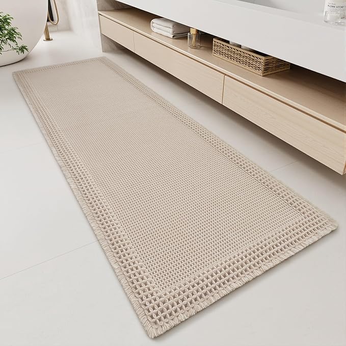 RESARE Waffle Bathroom Runner Rugs, Super Absorbent Bath Mat Non Slip Washable Quick Dry, Upgraded Ultra Soft Boho Bath Rugs with Tassels, Farmhouse Home Decor Accessories, 2'x5'(24"x60") Pale Beige