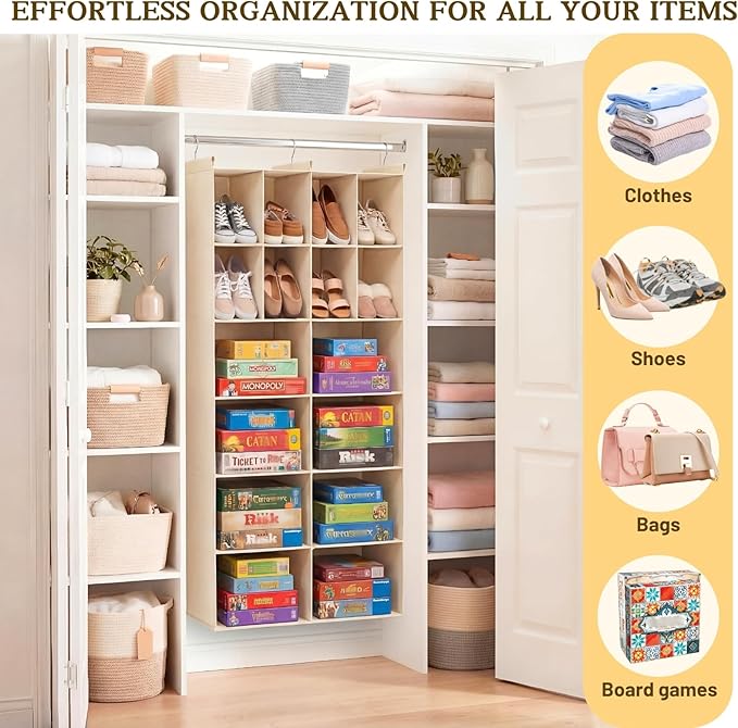 Ofiray-home 6 Tier Hanging Closet Organizer, 16 Compartments Sweater Organizer for Closet with 3 Sturdy Hooks, Closet Organizers and Storage, Wardrobe, Rv, Garment Rack, Beige