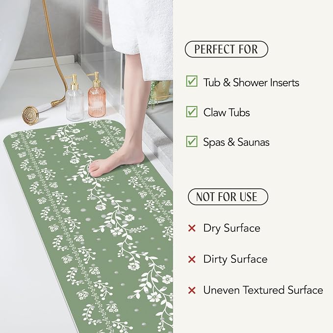 SHUCHING Green Bath Mat for Tub Non Slip for Women-40 X 16 Inch, Flower Non Slip Bathtub Mat for Adults & Elderly Mold Free, Long Shower Mat for Inside Shower with Suction Cup, Machine Washable