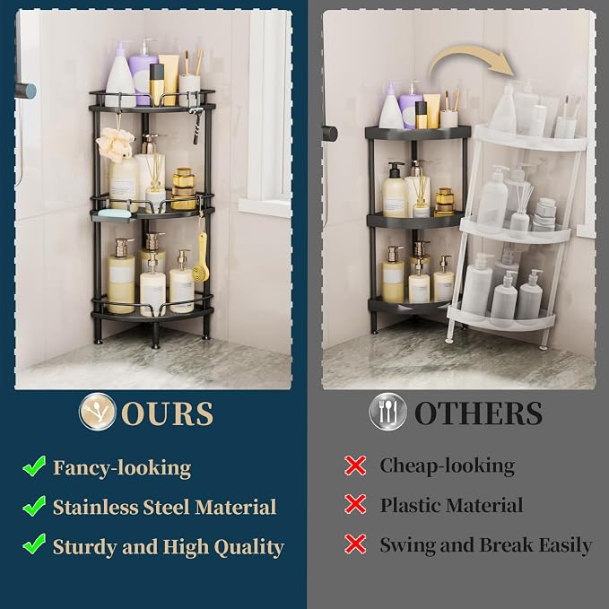 Consumest Corner Shower Caddy Stand - 3 Tier Shower Organizer with Soap Holder, Tall Floor Corner Shelves Standing with Adjustable Feet & 4 Hooks, Storage Rack for Bathroom Black