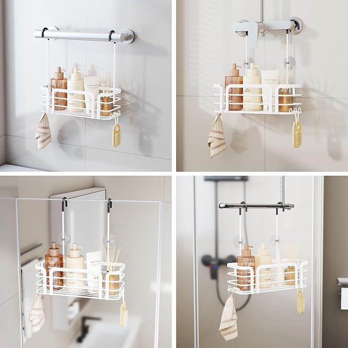 SWTYMIKI Shower Caddy Hanging Organizer - Over the Door Shower Caddy with 6 Hooks, 2 Installation Ways, Stainless Steel Rustproof Bathroom Organizer, White