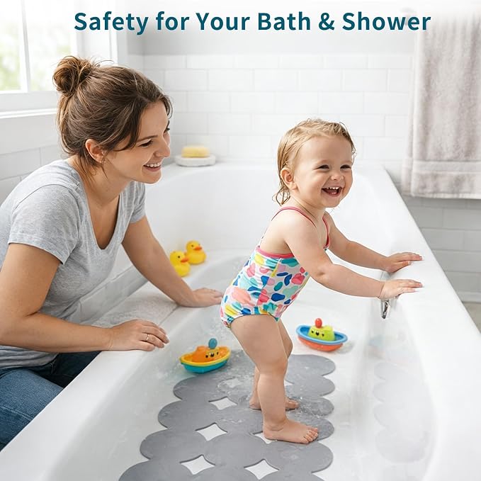 Webos Bathtub Mat Non Slip: Extra Long Rubber Bath Mat for Tub with Strong Suction Cups 15.4" x 37.8" Anti Slip Shower Mat, Big Drain Holes Bathroom Mats for Tub & Shower, Circle-Grey